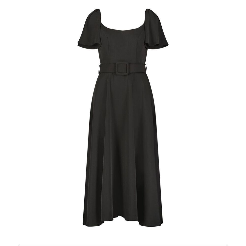 MacDuggal Size 8 Ruffle Sleeve Cocktail Dress Black Belted Midi style#20977 NWT